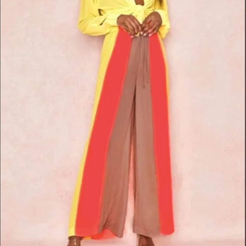 House of CB Margot Sheer Striped Pants in Yellow & Neon Coral sz S